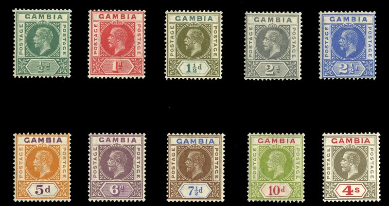 Gambia #87-96 Cat$139.10, 1921-22 George V, complete set, lightly hinged, 10p...