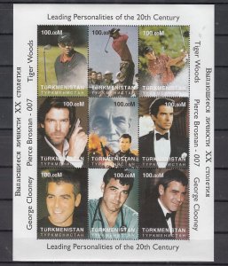 Turkmenistan, 2000 Russian Local. Golfer T. Woods & Cinema sheet of 9. ^