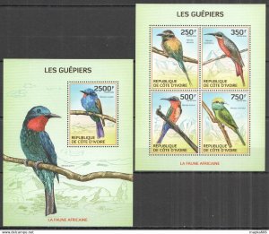 IC03 2014 IVORY COAST AFRICAN FAUNA BIRDS BEE-EATERS #1559-2+BL199 MNH
