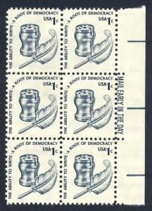 US #1581 1¢ To Write - Americana Series - MINT MAIL EARLY BLOCK of 6 VF NH