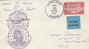 Honolulu, Hawaii to Macao, 1937 1st Flt Pacific Clipper (22782)