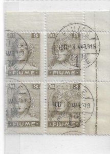 Fiume Sc #28 3c grey  brown margin corner block of 4 used VF