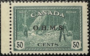 Rare : 1949 Canada Sc #O9 O.H.M.S. - 50¢ Peace Issue, Logging  MNH - cv$190