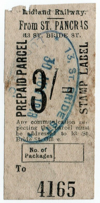 (I.B) Midland Railway : Prepaid Parcel 3/- (St Pancras) 