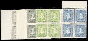 Iceland #195-198 Cat$490.60, 1937 Jochumsson, set of four in blocks of four, ...