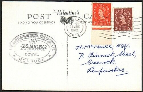 GB SCOTLAND CLYDE STEAMER 1962 postcard ex Rothesay MV COWAL cachet........13700