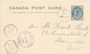 Canada 1c QV Postal Card 1899 Atherton, Ont. 1867-1919 split ring via Simcoe,...