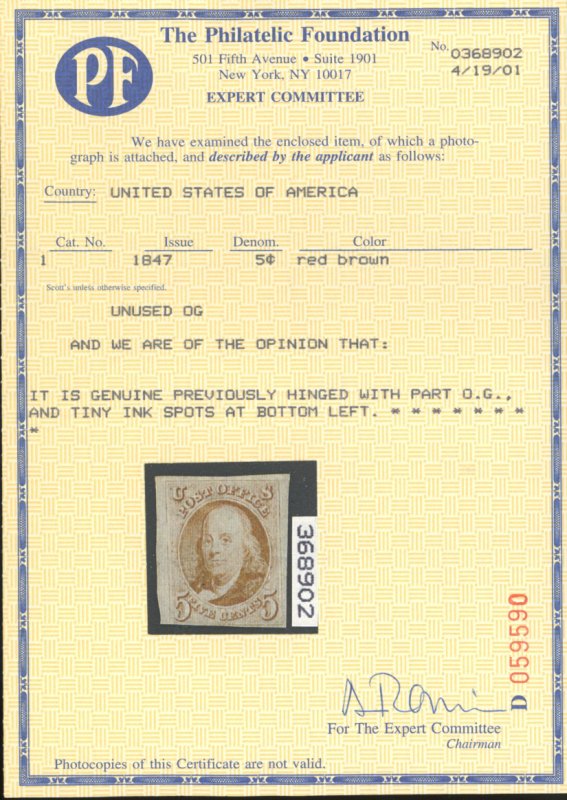 U.S. #1 MINT WITH PF CERT LARGE PART OG