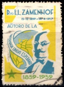 1959 Esperanto Poster Stamp Dr. L. L. Zamenhof Author Int'l. Language Es...