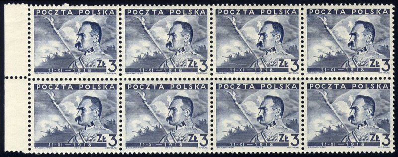 Poland #332, 1938 3z Pilsudski, left sheet margin block of eight, never hinged