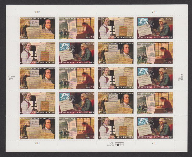 US #4021-24   Benjamin Franklin  Full sheet of 20  MNH