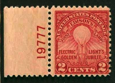 1929 Edison 50th Jubilee Sc 654 MNH plate no. single *