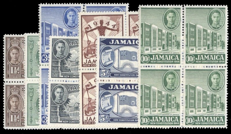 Jamaica #129-135 Cat$35.80, 1945 George VI, complete set in blocks of four, n...