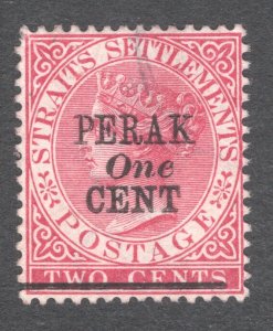 Malaya - Perak, Scott #31   VF, Used, 1c on 2c rose, CV $52.50 ....  4990018