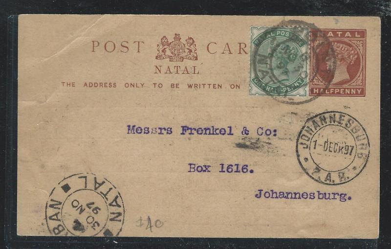 NATAL  (P1101B)  1897  QV 1/2D PSC+ 1/2D  TO PREPRINTED ON BACK