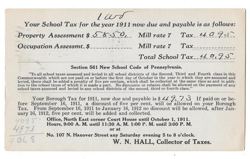 UX22 1911 Postal Stationery Card 1c McKinley School Tax Carlisle PA Flag Cancel