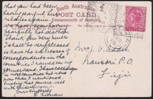 SOUTH AUSTRALIA TO FIJI 1908 postcard Mt Gambier sq circle - Suva arrival..A7858