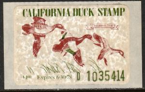 U.S.-CALIFORNIA 7, $1.00 1977 STATE DUCK HUNTING PERMIT STAMP. MINT, NH. VF