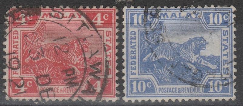 Malaya 1919 Federated Malay States FMS Tiger 4c & 10c Used MCA SG#37&44 M1796