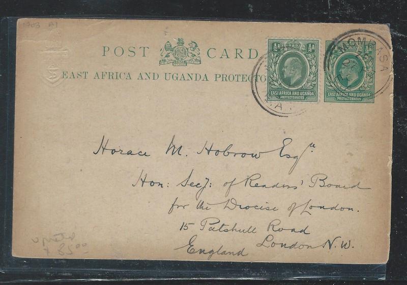 BRITISH EAST AFRICA (3009B) 1907 KE 1/2A PSC UPRATED 1/2A MOMBASA TO ENGLAND