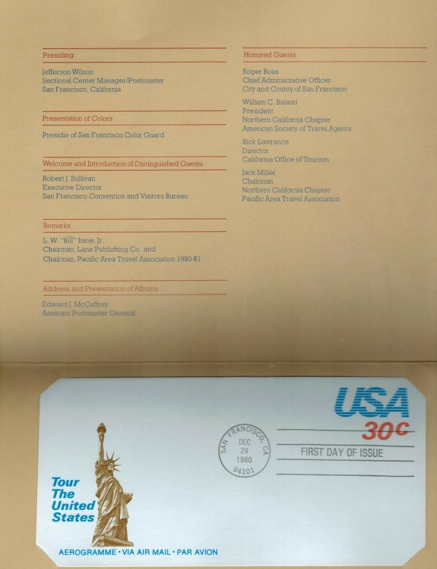 UC53 STATUE OF LIBERTY TOURISM AIRMAIL AEROGRAMME CEREMONY PROGRAM FDC