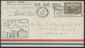 1929 Pilot Signed Flight Cover Hamilton to London ONT #2945d Hatton