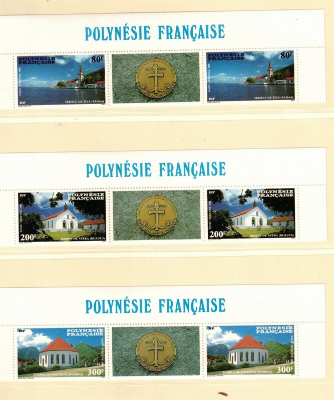 French Polynesia Sc C221-C223 MNH Gutter Pair ,1986 - Protestant Churches - HJ12