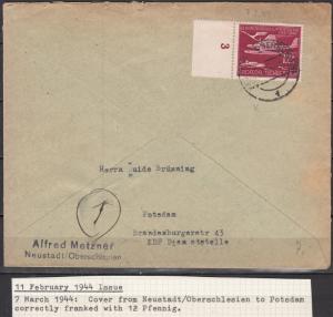 Germany - 7.3.1944  12pf+8 Air Service on cover Neustadt - Potsdam (1807)