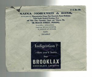 1940 Penang Malaya Advertising Cover to England Chocolate Laxative Brooklax