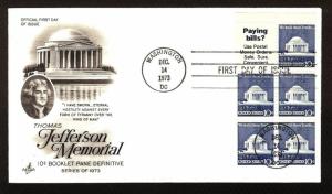 FIRST DAY COVER #1510b Jefferson Mem 10c Paying Bills Bklt ARTCRAFT U/A FDC 1973