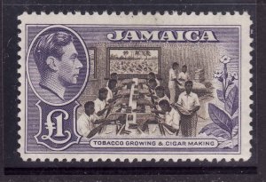 Jamaica-Sc#141-unused very light hinged KGVI-1 pound purple & brown-1949-