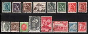 Iceland ~ Group of 16 Different Stamps ~ Unused, Used, MX Hinge Use