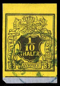 German States, Hannover #6 (Mi.5), 1851-55 1/10th black on yellow, top sheet ...