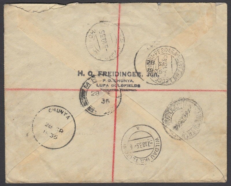 KUT, 1935 KGV registered cover from Chunya to Germany, with Silver Jubilees