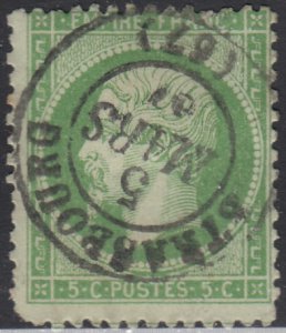 France 1862-71 used Sc #23 5c Emperor Napoleon III SON Strasbourg CDS corner,...