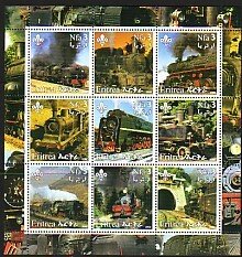 Eritrea, 2002 Cinderella issue. Steam Trains on a sheet of 9.