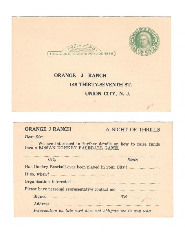 UY7 Reply Postal Card Orange J Ranch Donkey Baseball Union City NJ Inquiry