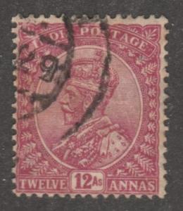 India stamp, Scott# 92, used, Twelve Annas, burgendy color, #M088