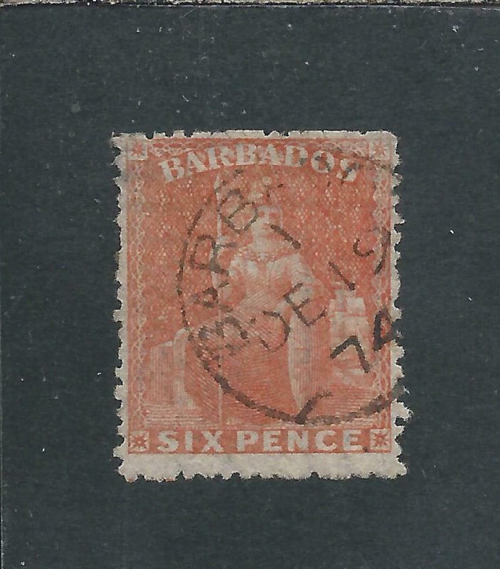 BARBADOS 1870 6d ORANGE-VERMILION ROUGH PERF LARGE STAR FU SG 46 CAT £90