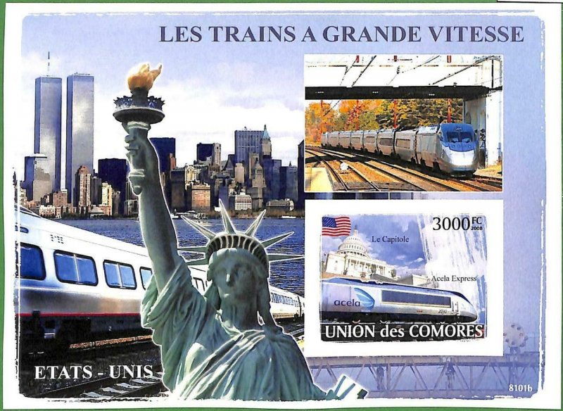 A0392 - COMORES Comoros -  IMPERF 2008  stamp SHEET: Transport  AMERICAN  TRAINS