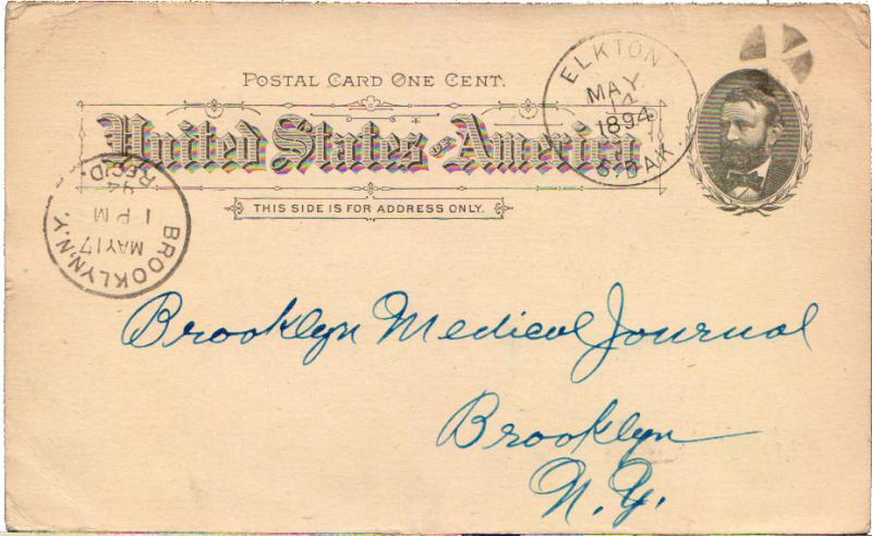 United States South Dakota Elkton 1894 cork killer  Postal Card.