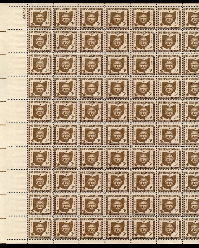 UNITED STATES SCOTT #1018 OHIO SESQUICENTENNIAL  SHEET OF 70 MINT NH