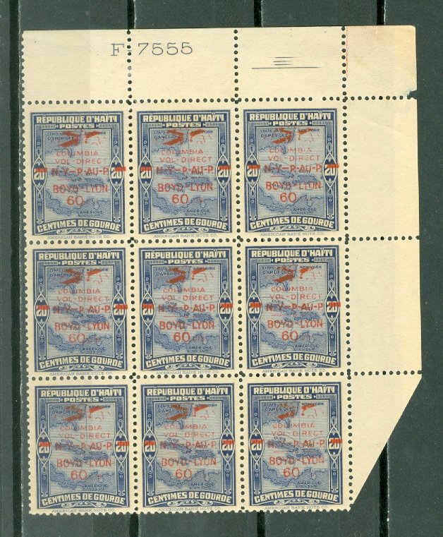 HAITI SCARCE 1933 AIR  #C4A...RARE CORNER BLK of 9...SIGNED.. MNH..$675.00