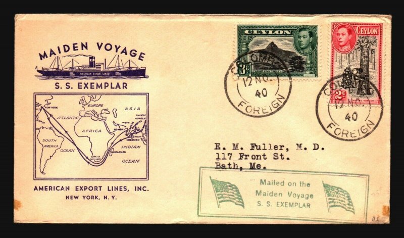 Ceylon 1940 SS Exemplar Maiden Voyage Cover  - Z18608