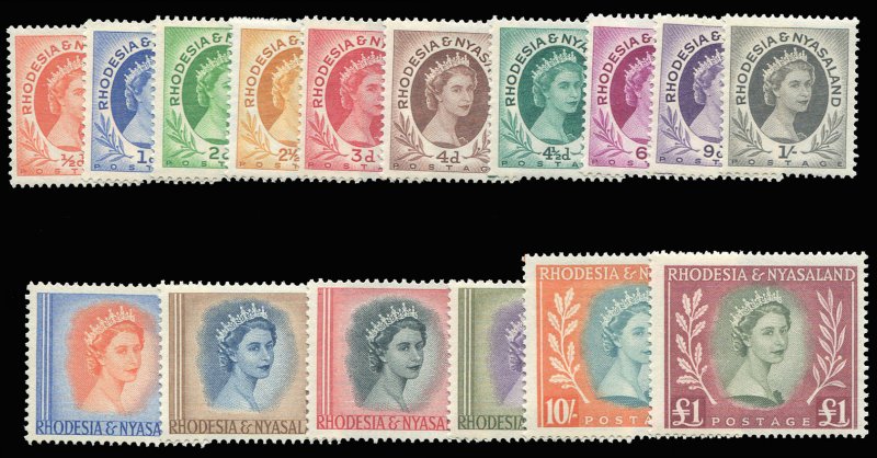 Rhodesia and Nyasaland #141-155 Cat$114.50, 1954-56 QEII, complete set, never...