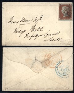Great Britain 1850 #3 cover red, blue, and black postmarks