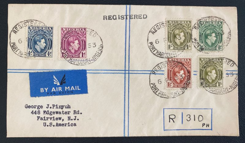 1953 Port Harcourt Nigeria Registered Airmail cover to Fairview NJ USA