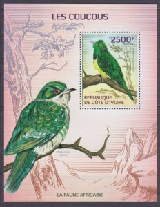 Ivory Coast MNH S/S Cuckoos Birds Embossed 2014