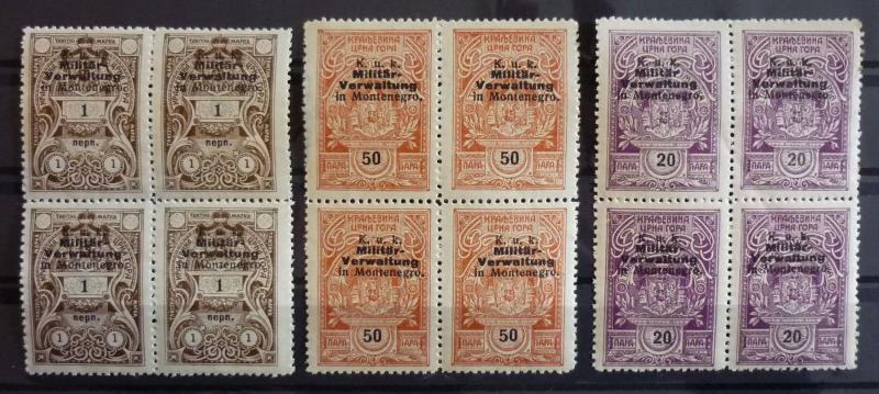 WWI AUSTRIA - MONTENEGRO -REVENUE STAMPS (MNH) - 3 BLOCKS OF 4 R! yugoslavia J31