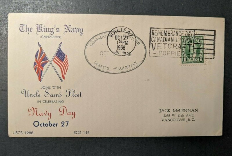 1938 HMCS Saguenay Navy Day Canadian Cachet Halifax NS to Victoria BC
